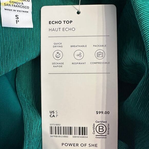 Athleta Echo Top WMNS S Green Striped Button Up Short Sleeve Stretch Breathable - Picture 7 of 10